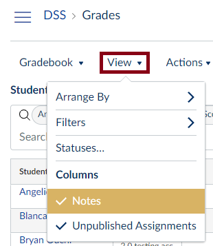 Canvas Gradebook with Notes column enabled